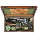 A good cased 5 shot 54 bore Tranter’s Patent double action percussion revolver,  12” overall, barrel