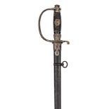A Third Reich type SS officer’s sword, with plain plated blade, the hilt with wooden grip and plated