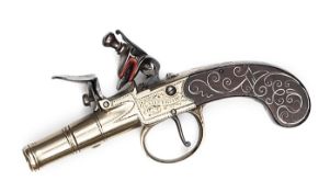 A charming very small 120 bore cannon-barrelled flintlock boxlock muff pistol, by I. Silverside,