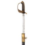 A Vic R Naval Warrant Officer’s sword,  slightly curved, fullered blade 30”, by Behenna