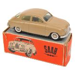 A Tekno SAAB 96 saloon (827). An example in beige with lemon interior. Boxed, some wear and pen