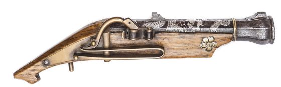 A Japanese 40 bore matchlock pistol,  9” overall, octagonal sighted barrel 5¾” with bulbous