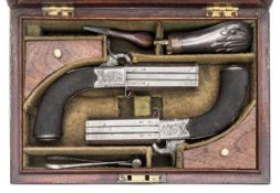 A cased pair of 38 bore double barrelled over and under turnover percussion boxlock pistols, 8”