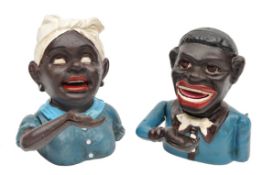 2 reproduction cast iron money banks. Both in the original style of African lady and gentleman, with