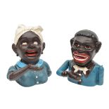 2 reproduction cast iron money banks. Both in the original style of African lady and gentleman, with