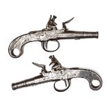 A pair of French mid 18th century all steel cannon barrelled flintlock boxlock pocket pistols, 6½”