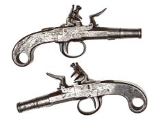 A pair of French mid 18th century all steel cannon barrelled flintlock boxlock pocket pistols, 6½”