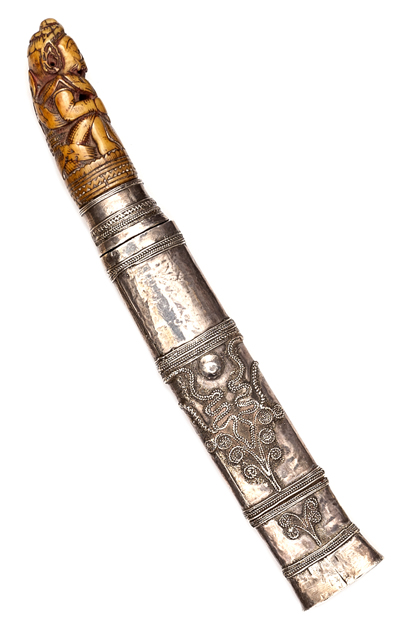 An unusual 19th century Burmese dha style dagger, single edged blade, very slightly swollen at point