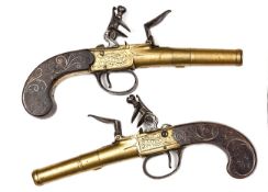 A pair of 50 bore brass barrelled and brass framed flintlock boxlock pocket pistols, by T Archer,