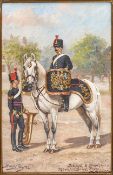 A titled oil painting “Drums & Bandsman, Mounted Band, Royal Artillery” signed “Harry Payne”,