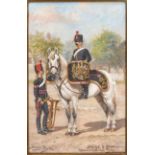A titled oil painting “Drums & Bandsman, Mounted Band, Royal Artillery” signed “Harry Payne”,