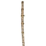 A Japanese shortsword, blade 18½”, bone hilt and scabbard, carved in panels separated by brass bands