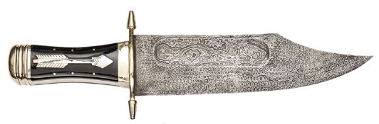 A massive Bowie knife,  blade 12”, width at forte 3”, shallow back fuller, Damascus decorated