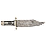 A massive Bowie knife,  blade 12”, width at forte 3”, shallow back fuller, Damascus decorated