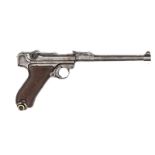 A 9mm long barrelled P08 “Artillery” Luger semi automatic pistol, number 1543 on barrel, 949 on