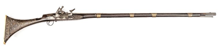 A 19th century Kabyle Arab snaphaunce jezail,  53” overall, barrel 39½”, engraved with scrolled