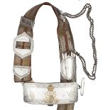 A Geo V Lancer officer’s silver mounted shoulder belt and pouch, gilt lace belt with red central