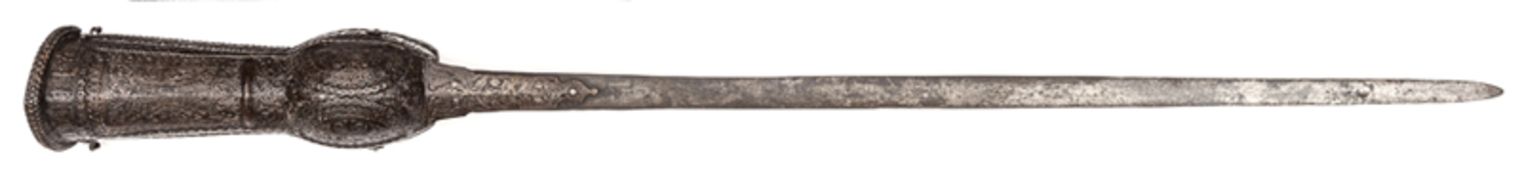 A fine 17th century Indian gauntlet sword Patah,  European blade 37”, with the end of an inscription