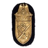 A Third Reich Narvik armshield, gold coloured metal with blue Kriegsmarine back plate. GC Plate 14