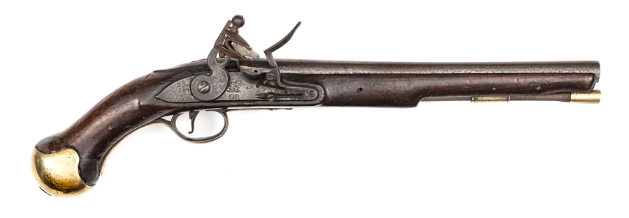An early .56” Tower long Sea Service flintlock belt pistol,  19” overall, barrel 12” with Tower