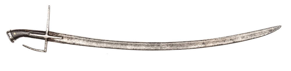 An East European hussar sabre c 1700, curved, shallow fullered blade 33” with narrow back fuller,