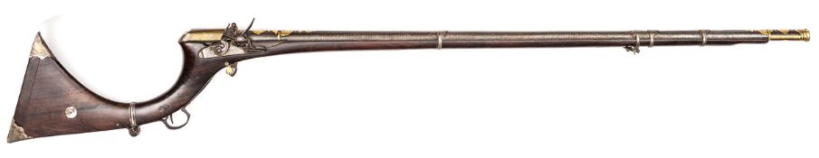An above average Indian 40 bore flintlock rifle from Sind, 59” overall, the deeply rifled 43¾”