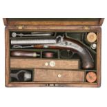 A fine cased mid 19th century double barrelled 14  bore officer’s percussion holster pistol, by
