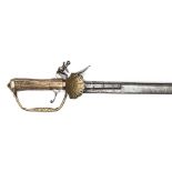 A mid 18th century European flintlock hunting sword pistol,  single edged blade 24¾” with single