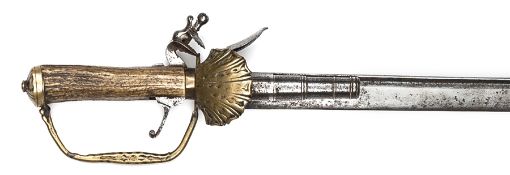 A mid 18th century European flintlock hunting sword pistol,  single edged blade 24¾” with single