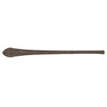 A fine old Tongan hardwood club, 42½” overall, with spatulate head, intricately carved overall