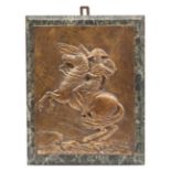 A bronzed plaque depicting Napoleon crossing the Alps, pointing forward, on his rearing charger,