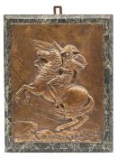 A bronzed plaque depicting Napoleon crossing the Alps, pointing forward, on his rearing charger,