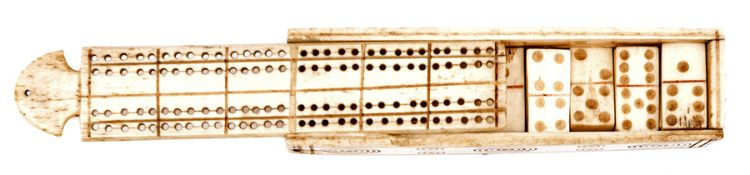 A French Prisoner-of-War work bone domino set, 23 (of 28) pieces in box decorated with incised