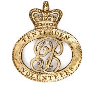 A set of 3 cast brass badges of the Tenterden Volunteers, a crescent shaped cap badge inscribed “