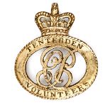 A set of 3 cast brass badges of the Tenterden Volunteers, a crescent shaped cap badge inscribed “