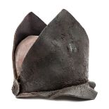 An OR’s leather fatigue cap, c 1795, in the form of a low mitre cap, with front peak and 2 mitre