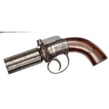 A 6 shot 120 bore self cocking bar hammer percussion pepperbox pistol, 8¼” overall, barrels 3”