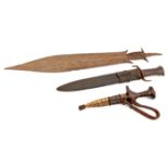 A central African knife or short sword, the broad leaf shaped blade 19” with central ridge and