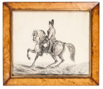 A very well executed pencil drawing of Napoleon on a prancing Marengo, who is regarding the viewer