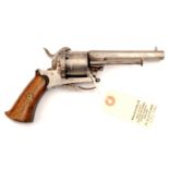 A Belgian 6 shot 9mm DA open frame pinfire revolver, 8½” overall, octagonal barrel 4¼”, Liege