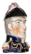 A Staffordshire polychrome lidded jar in the form of a bust of Wellington, wearing blue coat and
