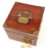 A good quality Georgian brass bound mahogany box for 4 glass spirit decanters, 8” x 8” x 7” high,