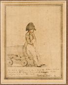 An original and important tinted pencil sketch of Napoleon resting against the cascabel of a naval