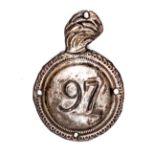 A mitre cap grenade back badge of the 97th Scottish Fencibles, close plated copper roundel with