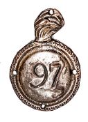 A mitre cap grenade back badge of the 97th Scottish Fencibles, close plated copper roundel with