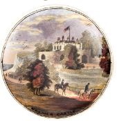 A mid 19th century pot lid “Walmer Castle”, showing the castle above white cliffs with a road and