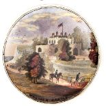 A mid 19th century pot lid “Walmer Castle”, showing the castle above white cliffs with a road and