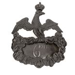 † A French eagle shako plate of the 6th Chasseurs à Cheval found at Waterloo, regimental no