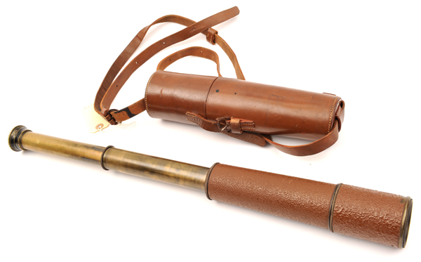 A WWI 3 draw brass telescope, “Tele Sct Regts Mk 2” by “HCR & Son Ltd” etc with broad arrow, leather