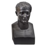 A blackened plaster head of Napoleon, integral squared base, height 21”. Good Condition Plate 6